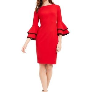 Red Calvin Klein Piped 3/4 Sleeves Sheath Dress